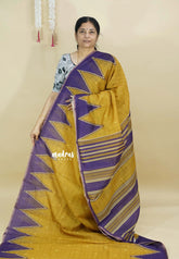 Turmeric Yellow - Silk Linen saree Floral Prints with Temple Border